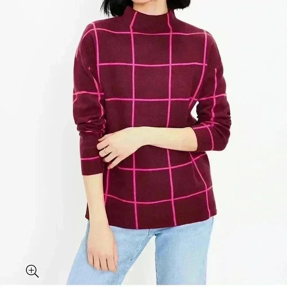 NWT Loft windowpane mock neck tunic sweater in windsor wine sz XL burgundy pink - Picture 1 of 9